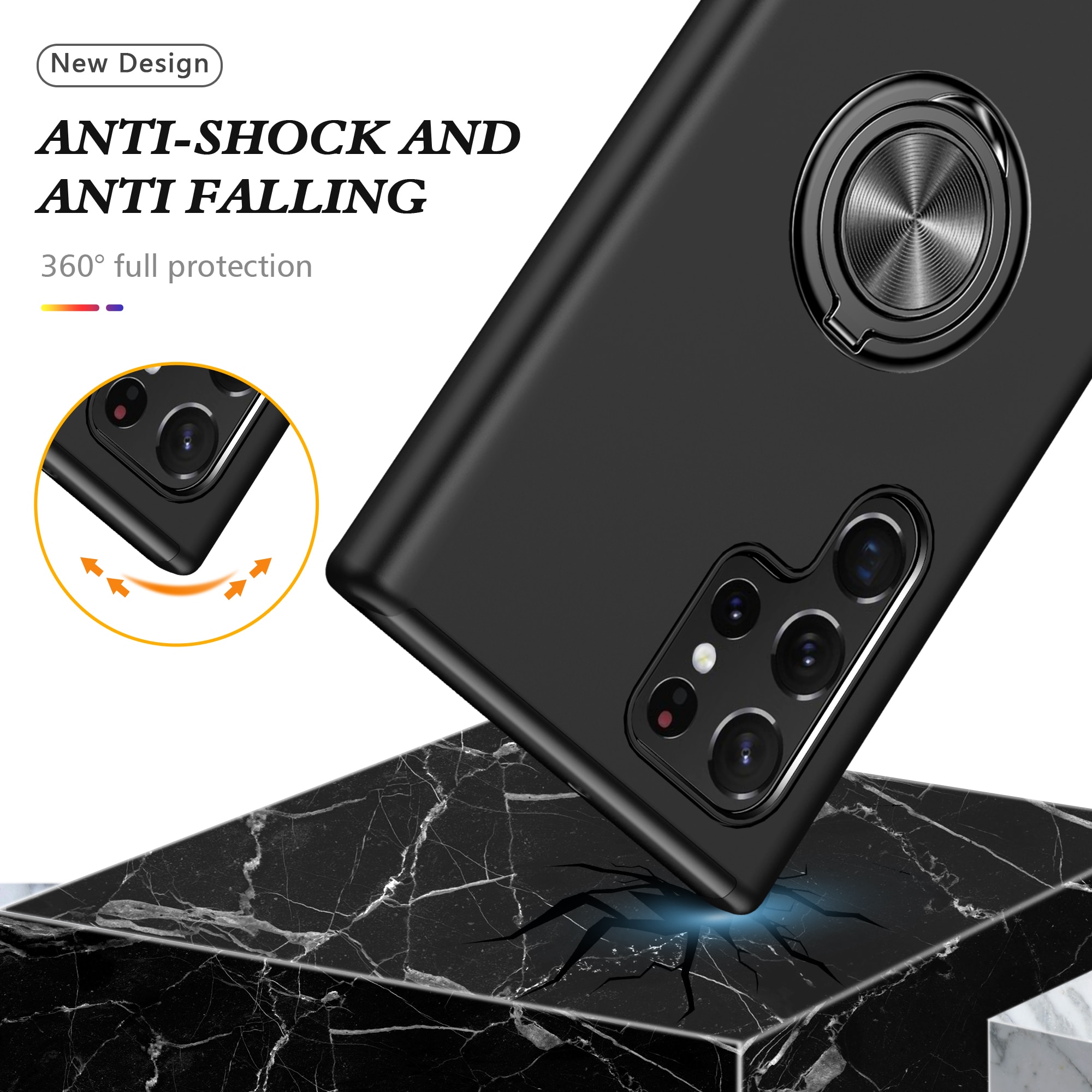 Husa de protectie pentru Samsung Galaxy S22 Ultra, Hybrid Antisoc, Kickstand, Bumper inel rotativ 360, Negru