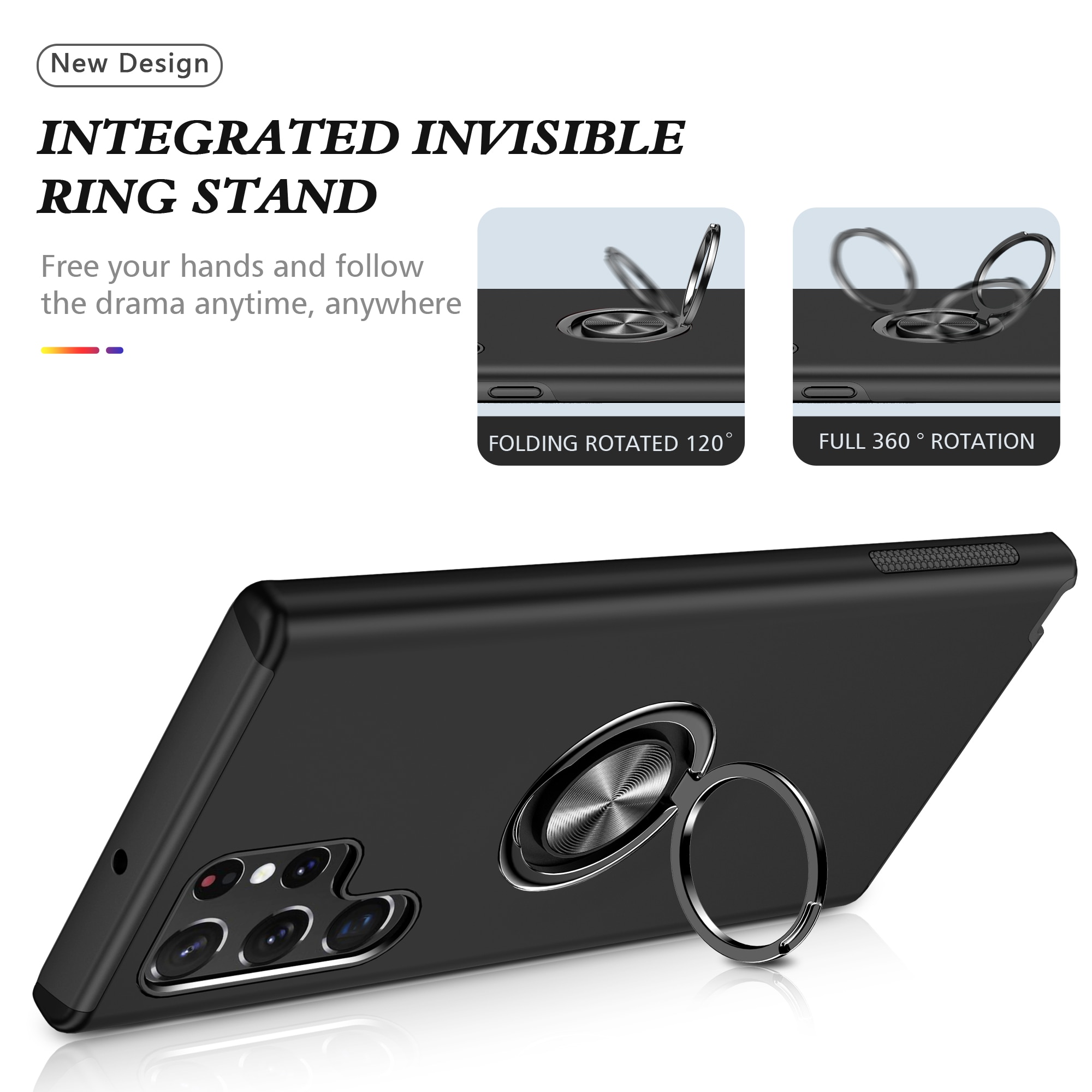 Husa de protectie pentru Samsung Galaxy S22 Ultra, Hybrid Antisoc, Kickstand, Bumper inel rotativ 360, Negru