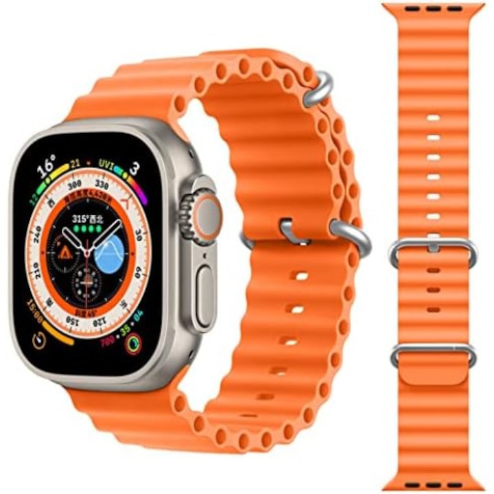 Силиконова каишка за смарт часовник, съвмествима с Apple Watch Ultra, подходяща за размери 42/44/45/49 мм, Ocean Band, Оранжев