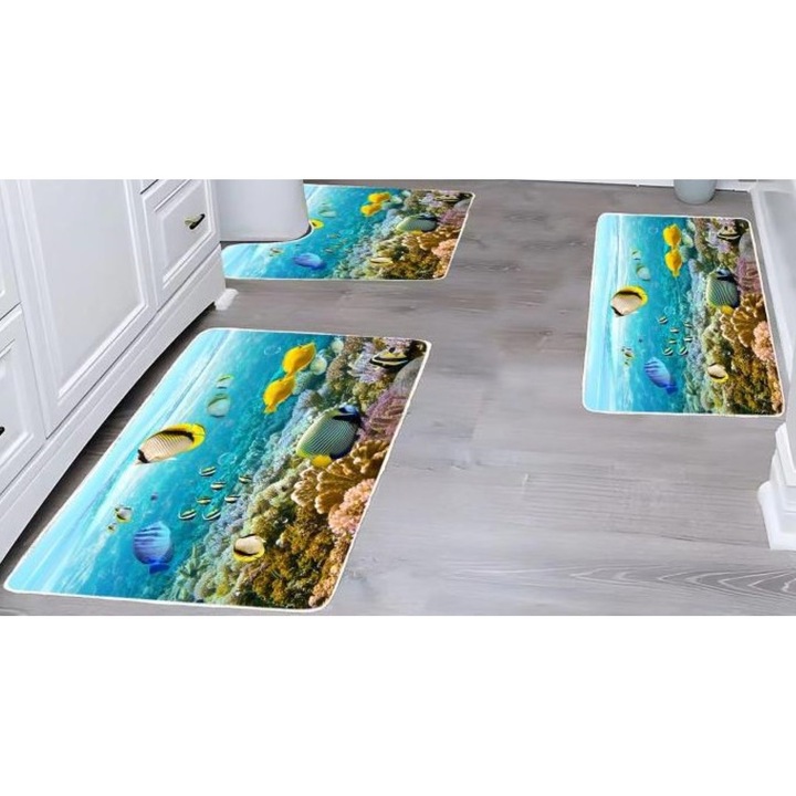 Set 3 covoare de Baie, Antiderapant, imprimeu Pesti, 50x60cm, 50x80cm, 60x100cm, Multicolor
