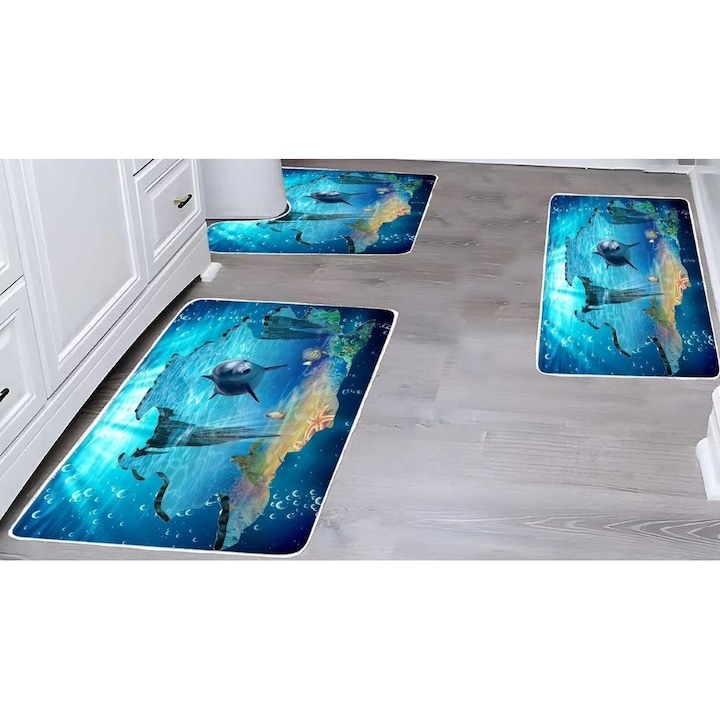 Set 3 covoare de Baie, Antiderapant, imprimeu Delfin, 50x60cm, 50x80cm, 60x100cm, Multicolor