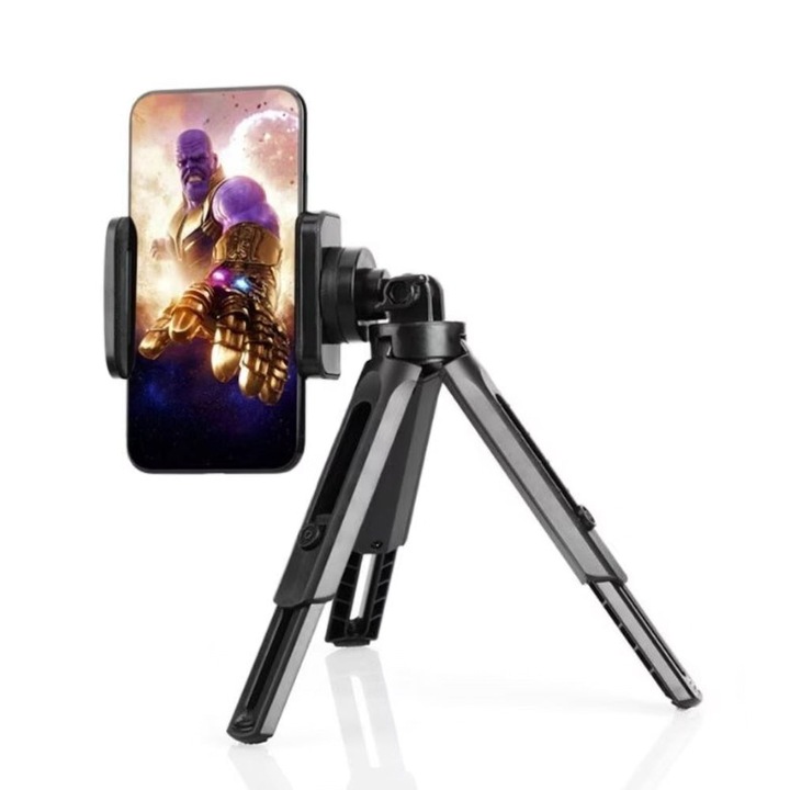 Mini Suport Trepied SONORH®, Telescopic, Rotativ 360° pentru Smartphone, 28 cm, Negru, Landscape/Portret