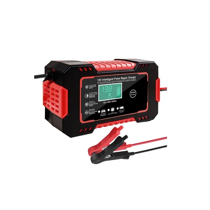 Incarcator de Baterie Auto, 12V, Afisaj Digital, Reparare cu Puls de Putere, Rosu