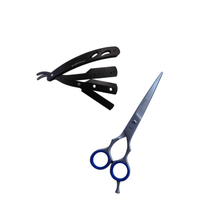 Pachet profesional pentru tuns, Foarfeca 203 si Brici metalic negru