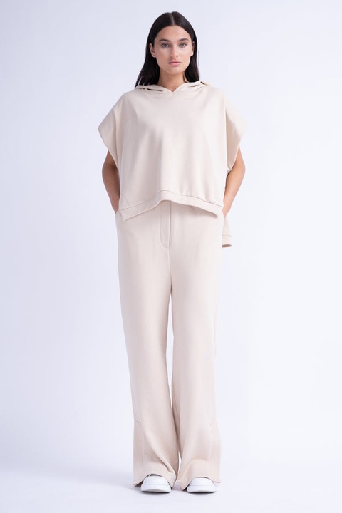 Set cu hanorac tip vesta si pantaloni wide leg cu slituri laterale, Bluzat, Bej, Bej