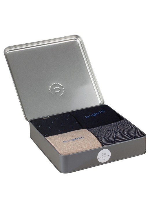 Set 4 perechi sosete barbati, cutie metalica, Bugatti, 6359X, Albastru multicolor