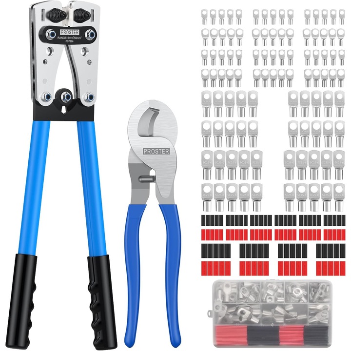 Set cleste de sertizare 6-50 mm² cu 100 bucati terminale AWG 10, 8, 6, 4 SC6-6 - SC25-8, cu cleste de taiat cabluri si tuburi termocontractile, Proster