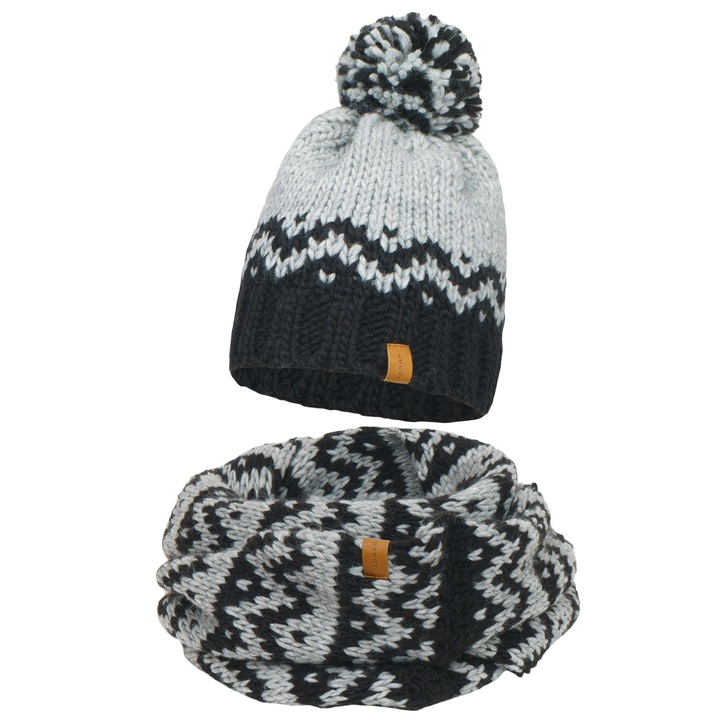 Set caciula si fular, Unisex, Nandy, Gri-Negru