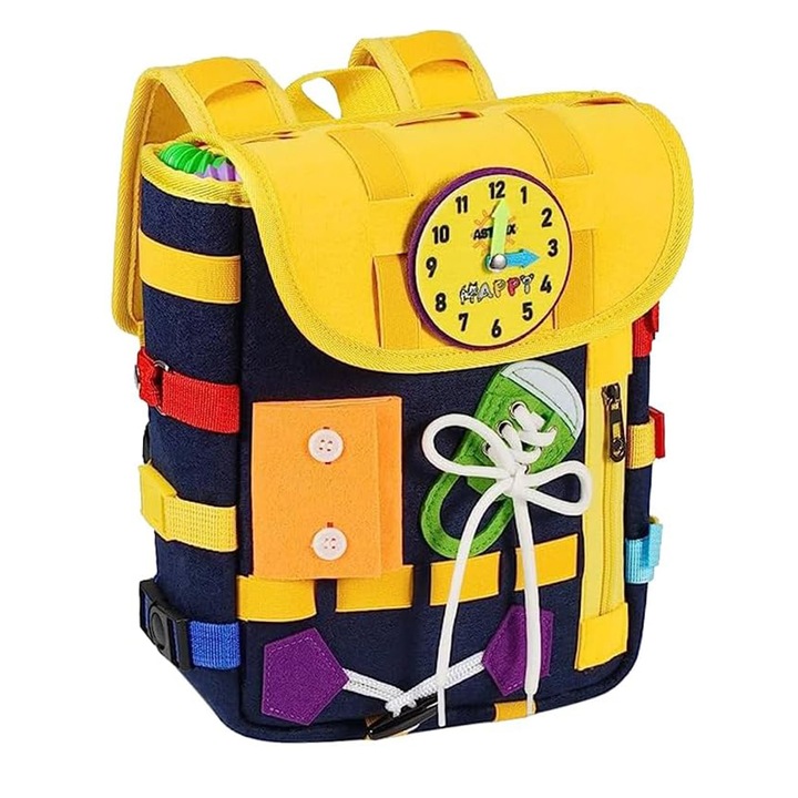 Ghiozdan Montessori pentru copii 2-6 ani, cu catarame si fermoare, jucarii senzoriale, activitate de invatare prin joc, Albastru