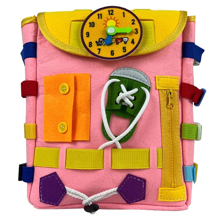 Монтесори раница за деца 2-6 години, с катарами и ципове, сензорни играчки, учене чрез игра, Розова