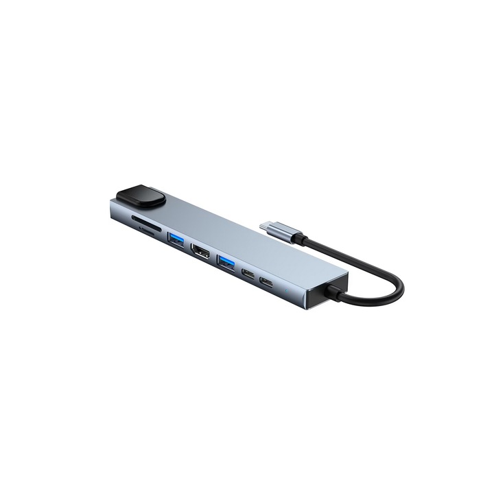 Хъб адаптер Multiport 8 в 1, HDMI 4K, LAN ETHERNET, Power Delivery Port 100w, бързо зареждане, Port Type C, USB 3.0, TF и SD Card Reader, скорост на предаване между 5Gbps и 10 Gbps, докинг станция за лаптоп, сив