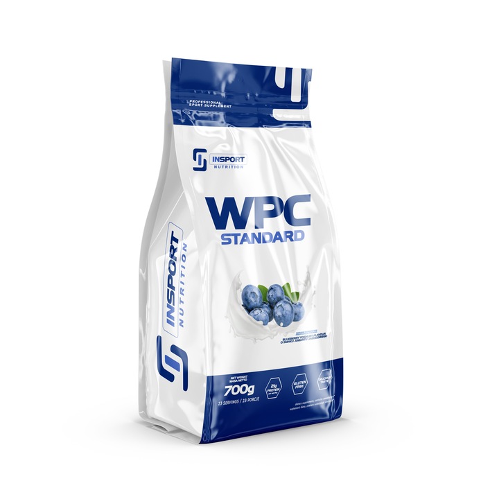 Concentrat proteic, Insport Nutrition WPC STANDARD, BCAA, Supliment sportiv profesional, Preparat bogat in proteine, 700g (23 Portiuni), Aroma: Iaurt de afine