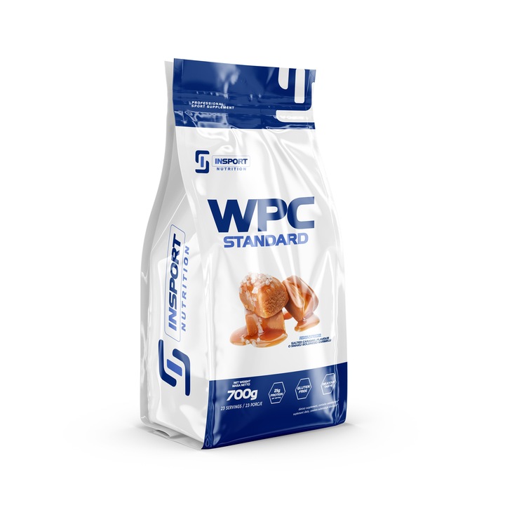 Concentrat proteic, Insport Nutrition WPC STANDARD, BCAA, Supliment sportiv profesional, Preparat bogat in proteine, 700g (23 Portiuni), Aroma: caramel sarat