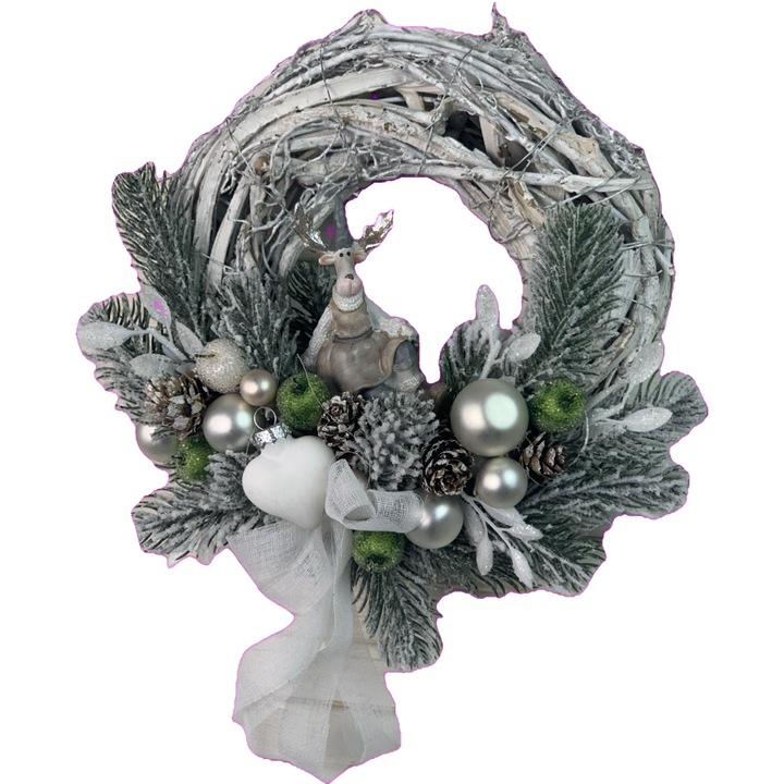 Coronita de Craciun cu elan sezand, alb, argintiu, 25 cm