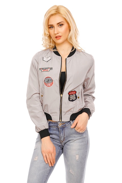 Jacheta retro accesorizata cu aplicatii colorate, Gri
