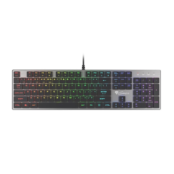 Геймърска клавиатура Genesis, Thor 420, Slim Blue Switch, RGB, US Layout, Механичен, Черен/Сив