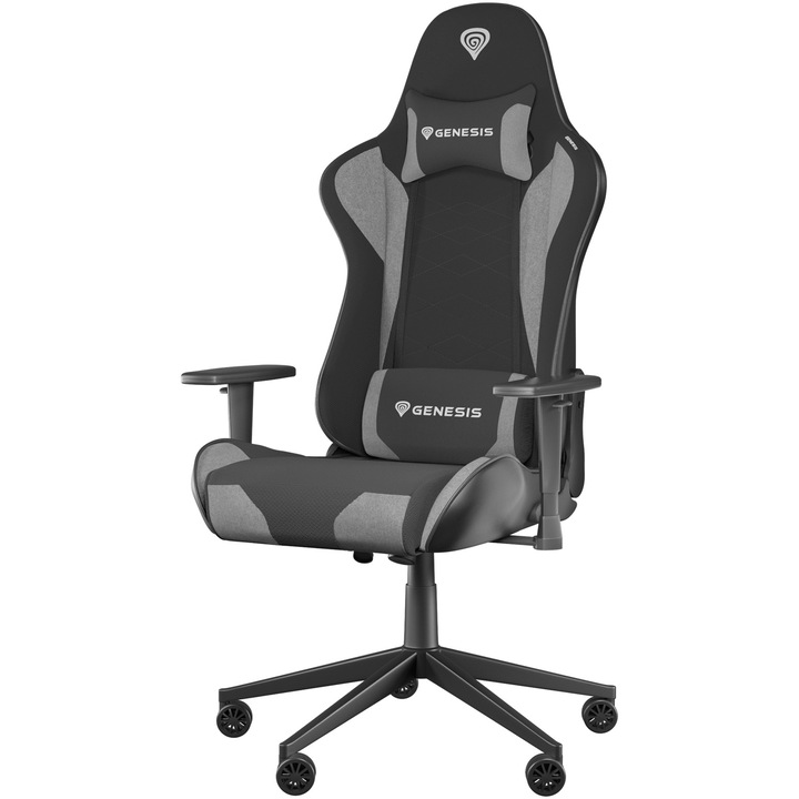 Стол Gaming Genesis NITRO 550 G2, метална основа, регулируема на 135° текстилна седалка и облегалка, лумбална възглавница и възглавница за врата, макс. 150 кг., колела 60 мм с покритие CareGlide Antiscratch, Черен-Сив