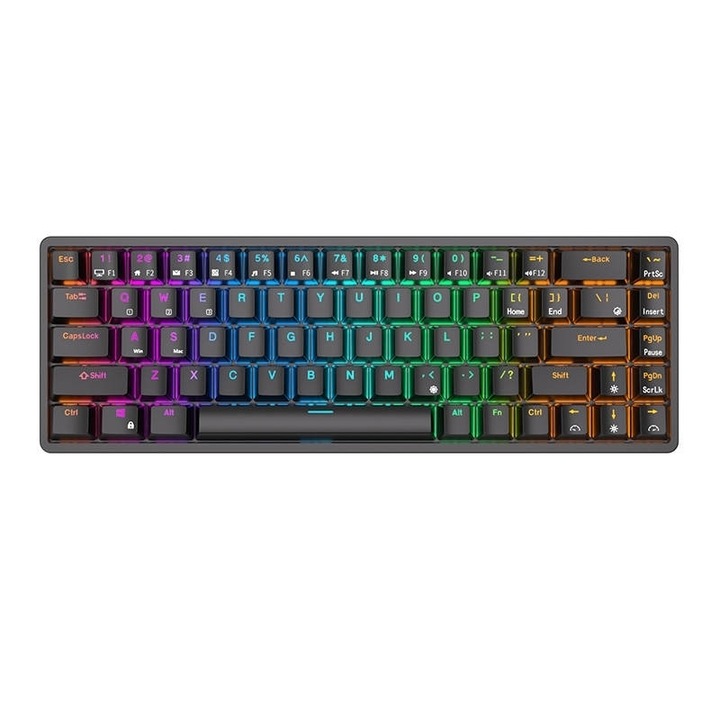 Tastatura mecanica gaming Royal Kludge RKG68, 68 taste, hotswap, iluminare RGB, 65%, Keycaps ABS double shot, conectare wireless sau cablu, baterie 1450 mAh, portabila, negru, RKG68