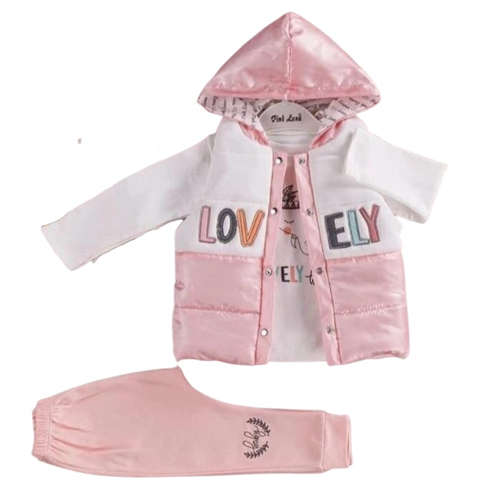 Compleu roz 3 piese cu vesta 9-12 luni