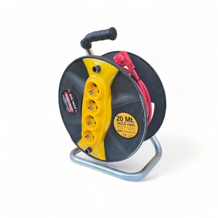 Prelungitor pe Tambur. Lungime cablu 20m. 3 Fire de 2.5 mm. 4 Prize. maner transport ergonomic