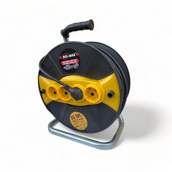 Prelungitor pe Tambur. Lungime cablu 50m. 3 Fire de 2.5 mm. 4 Prize. maner transport ergonomic