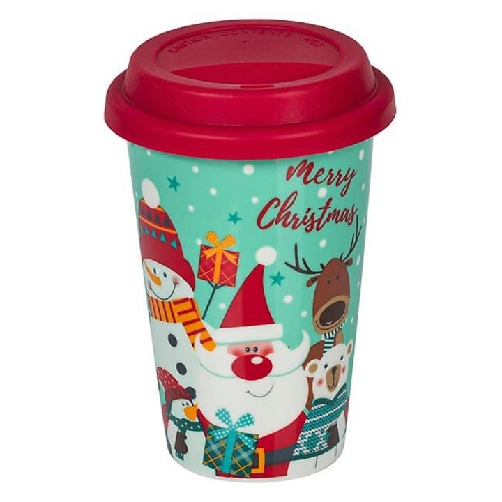 Керамична чаша за кафе със силиконов капак ClickDeal®, Коледа, Весела Коледа, Зелена, 400 мл