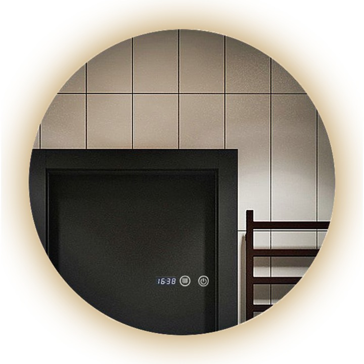 Oglinda baie iluminare Led, Rotunda, 60x60 cm, ceas, termometru, dezaburire, intrerupator Touch si trei tipuri de lumina Flr 170.6