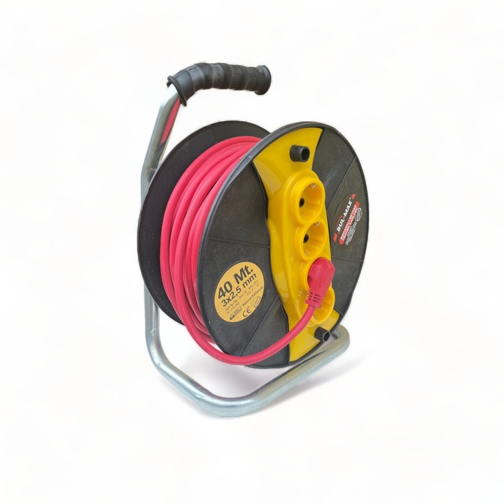 Удължител на барабан, дължина на кабела 40м, 3 проводника по 2,5 мм, 4 контакта, ергономична дръжка за носене