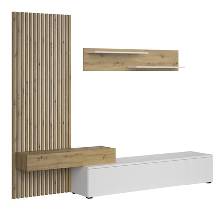 Set mobila living cu riflaj, alb/stejar artisan, 250 cm lungime, panou cu riflaj, comoda tv cu push open, raft, Bortis impex
