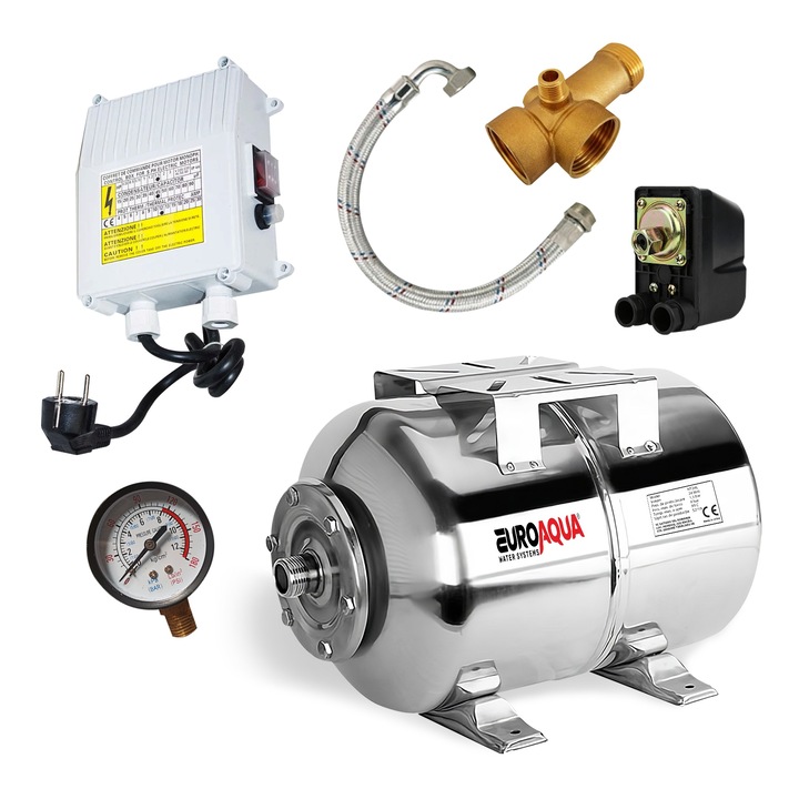 Kit accesorii hidrofor EUROAQUA®, vas expansiune 50L inox, cu membrana EPDM, calitate alimentara, presostat, manometru, racord 5 cai bronz, furtun racord inox cu cot 60cm-Panou comanda 0.75kw