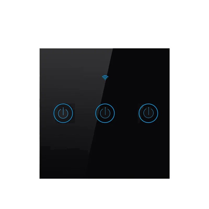 Intrerupator inteligent cu touch Open, Wi-Fi, fara nul, 3 canale, 10A, Wi-fi 2.4GHz, sticla securizata, Tuya, Smart Life, compatibil Amazon Alexa Google Assistant, Negru