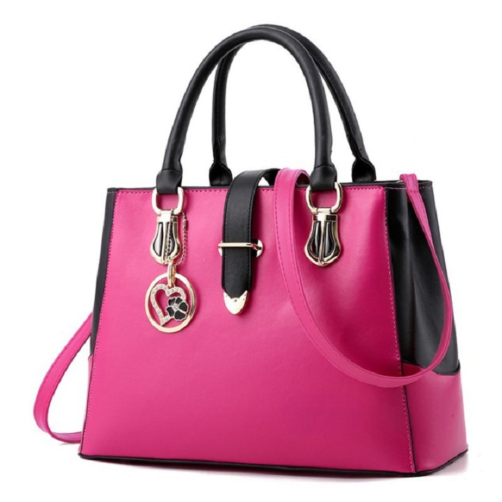 Geanta de dama moderna GIDA-CRIS GC204, din piele ecologica, roz cu negru de dimensiuni 33x14x22 cm