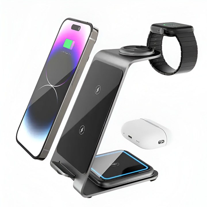 Incarcator Wireless 3 in 1 telefon, ceas si casti, incarcare rapida, functie fast charge 15W, compatibil cu toate modelele Samsung, Iphone, Airpods, si orice device cu incarcare wireless, culoare gri