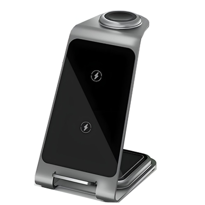 Incarcator Wireless 3 in 1 telefon, ceas si casti, incarcare rapida, functie fast charge 15W, compatibil cu toate modelele Samsung, Iphone, Airpods, si orice device cu incarcare wireless, culoare gri