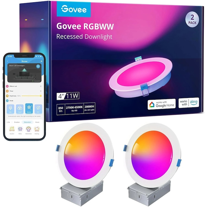 Set 2 spoturi incastrate LED RGBWW inteligente Govee H601B Smart Recessed Lighting , Wi-Fi, Bluetooth, 11W, 850 lm, lumina alba si colorata (2700K-6500K), 4 inch, control vocal