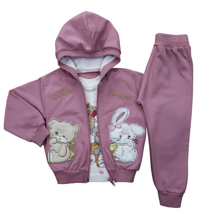 Compleu Pentru Bebelusi Fetite,3 Piese "Iepurasi", Hanorac Cu Gluga, Bluza Si Pantaloni Lungi, Bumbac, Violet tyrian