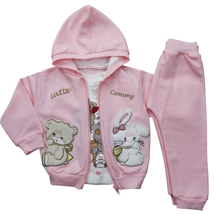 Compleu Pentru Bebelusi Fetite,3 Piese "Iepurasi", Hanorac Cu Gluga, Bluza Si Pantaloni Lungi, Bumbac, Roz