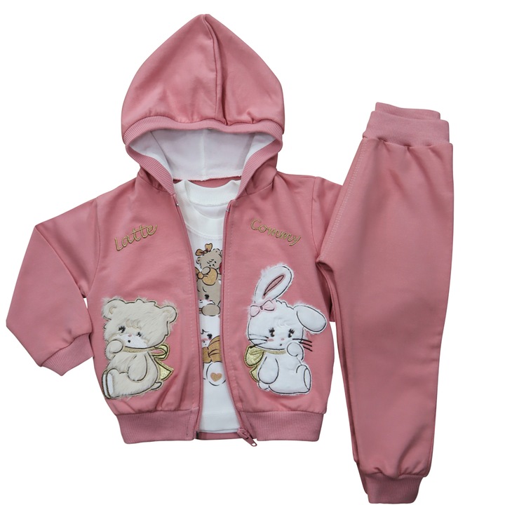 Compleu Pentru Bebelusi Fetite,3 Piese "Iepurasi", Hanorac Cu Gluga, Bluza Si Pantaloni Lungi, Bumbac, Roz pudrat