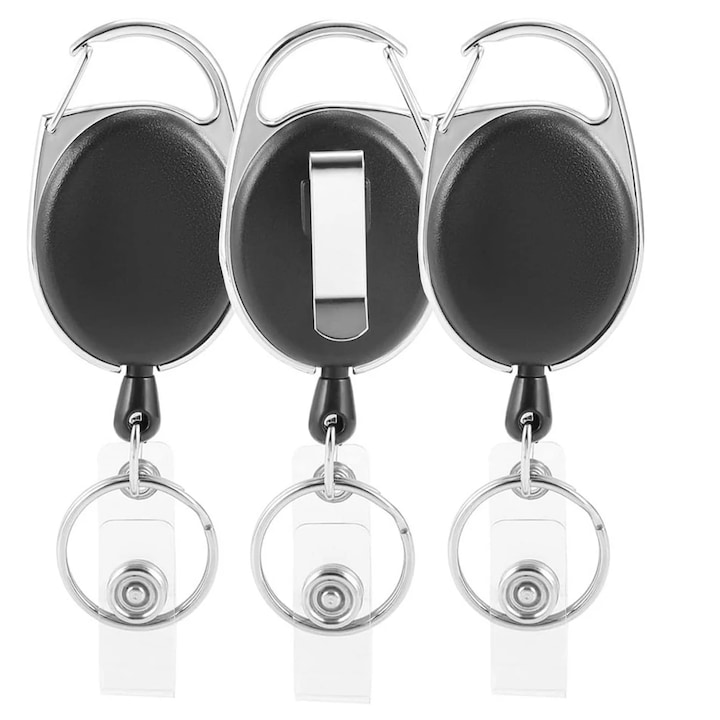 3 db Milnsirk visszahúzható kulcstartó készlet, nylon/műanyag/fém, fekete/ezüst