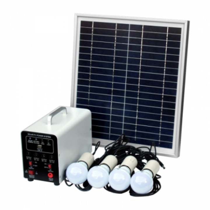 Kit cu panou solar pentru camping, locuinta, gradina, drumetii, cu lanterna, 3 becuri, USB, GDLite GD-8017, acumulator 6V 4Ah inclus