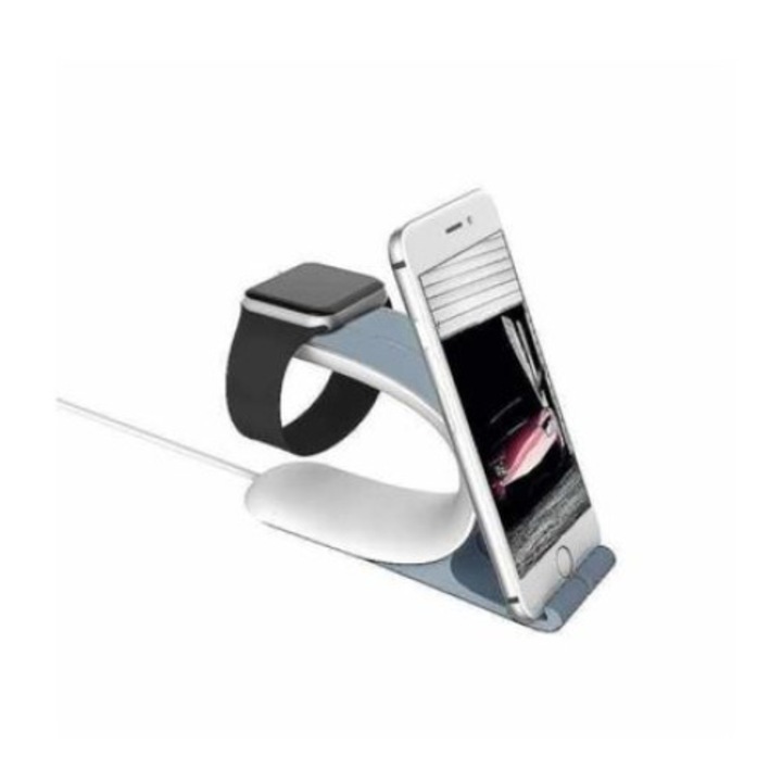 Suport de birou ergonomic 2 in 1 compatibil cu Apple Watch si iPhone, Alb-Gri