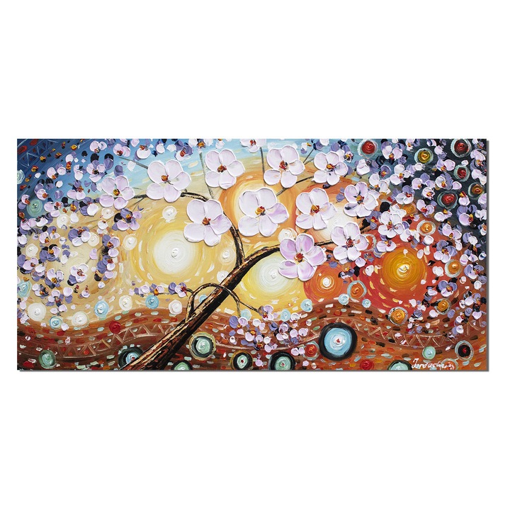 Tablou gigant pictat manual dormitor, living, Primavara in casa mea, 140x70cm pictura ulei pe panza in cutit efect 3D