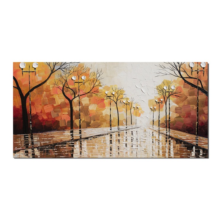 Tablou gigant pictat manual living, Spre viitor, 140x70cm pictura peisaj citadin in ulei pe panza in cutit efect 3D