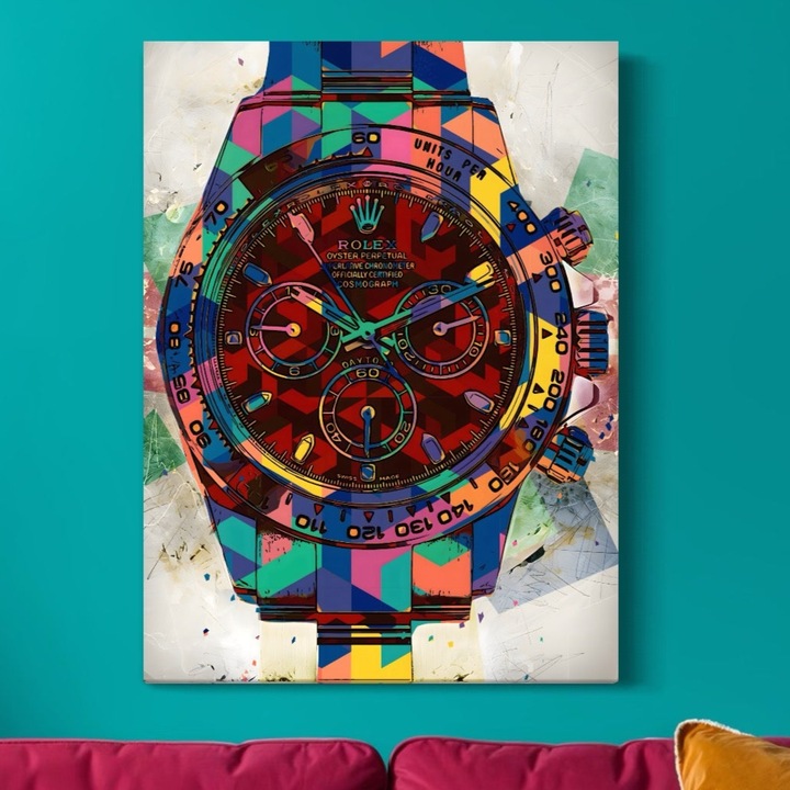 Премиум картина върху платно, LuxCanva® A1158, Цветен часовник, 100 X 135 CM, 100% памучно платно 400g/m2, дървена рамка, Rolex, луксозна марка, време, ярки цветове
