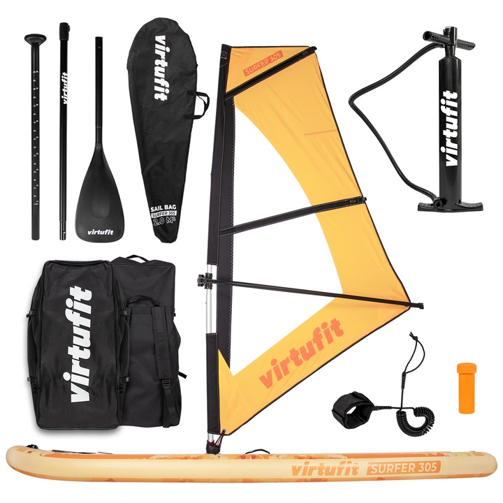Set Placa gonflabila Virtufit Supboard Surfer 305, Windsurf, Stand-up Paddle, Greutate maxima utilizator 180 kg, Lungime 305 cm, Geanta de transport, Pompa, Banda pentru glezna, Trusa pentru reparatii, Suport GoPro, Portocaliu