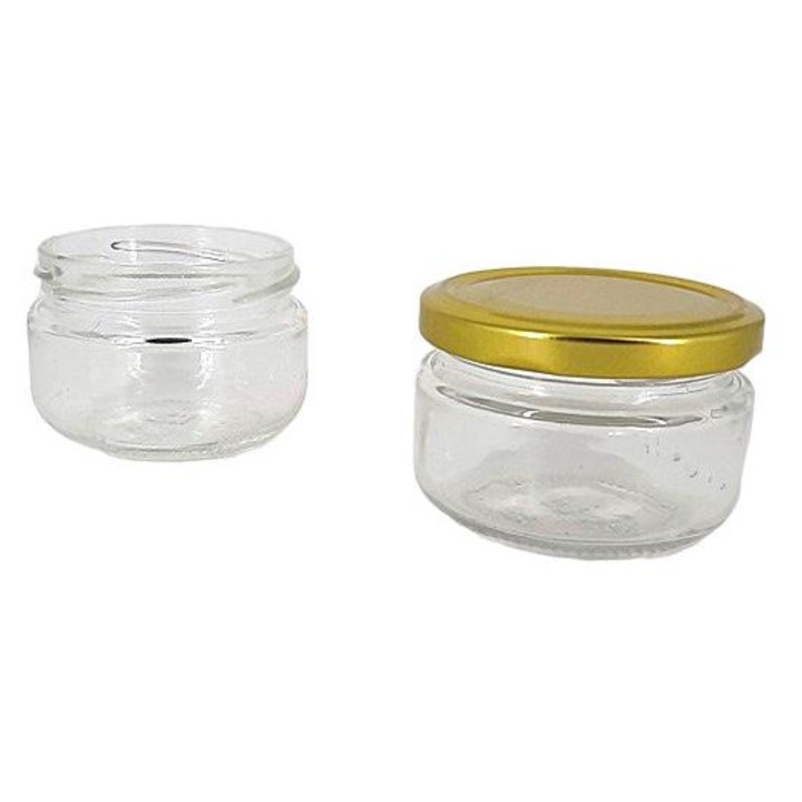 Set 10 borcane 100 ml din sticla, cilindrice, cu capace incluse, diametrul de 66 mm, auriu