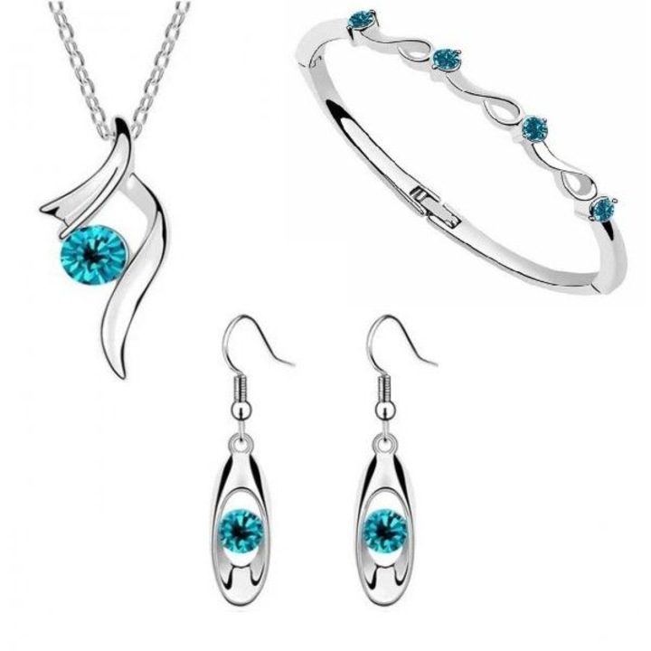 Női ékszerkészlet, nyaklánc, fülbevaló és karkötő Exquisite pávakék kristályokkal