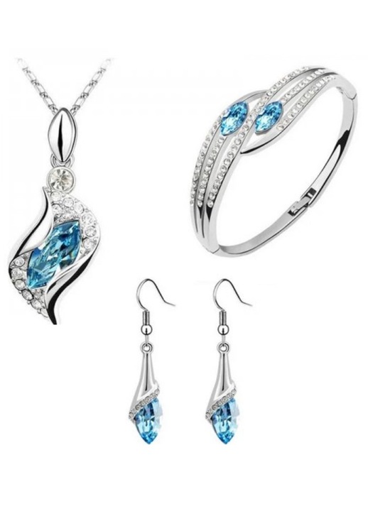 Set bijuterie femei pandantiv cercei si bratara cu cistale Spiral albastru aquamarine