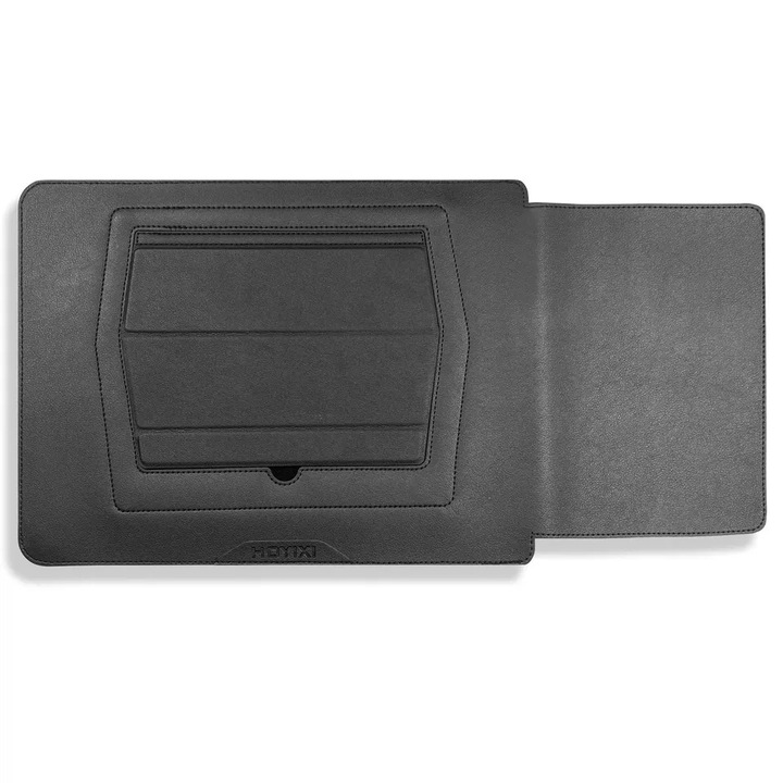 Husa stand multifunctionala pentru laptop, material din piele, reglabila, geanta pliabila, Negru