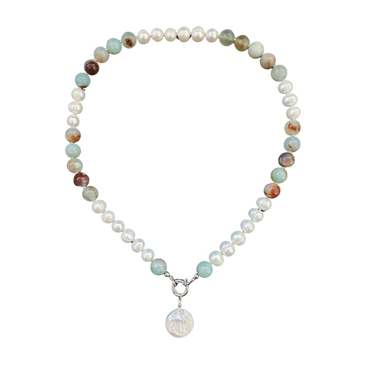 Colier din agat crackle si perle de cultura cu pandantiv din perla de cultura plata, cu accesorii si sistem de inchidere din argint rodiat